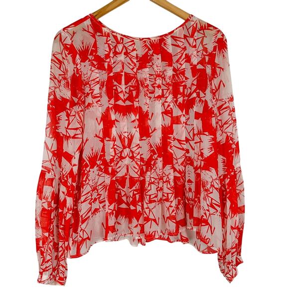 Artelier Nicole Miller Red & White Patterned Pleated Blouse - Picture 1 of 9